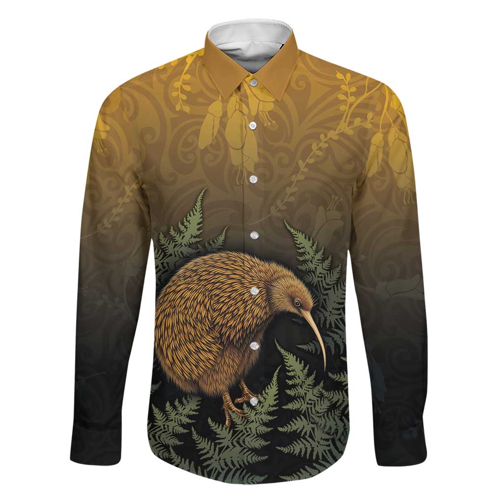 New Zealand Kiwi Bird Family Matching Puletasi and Hawaiian Shirt Silver Fern Mix Maori Pattern LT05 Dad's Shirt - Long Sleeve Brown - Polynesian Pride