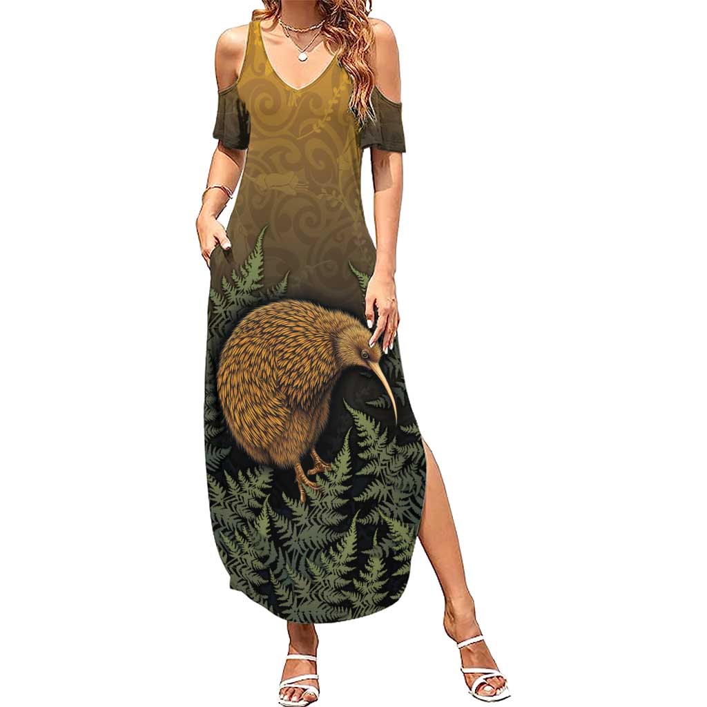 New Zealand Kiwi Bird Family Matching Summer Maxi Dress and Hawaiian Shirt Silver Fern Mix Maori Pattern LT05 Mom's Dress Brown - Polynesian Pride