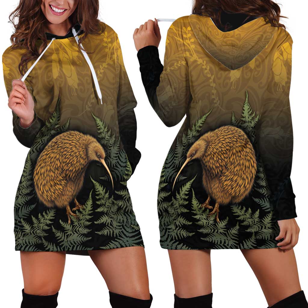 New Zealand Kiwi Bird Hoodie Dress Silver Fern Mix Maori Pattern LT05 - Polynesian Pride