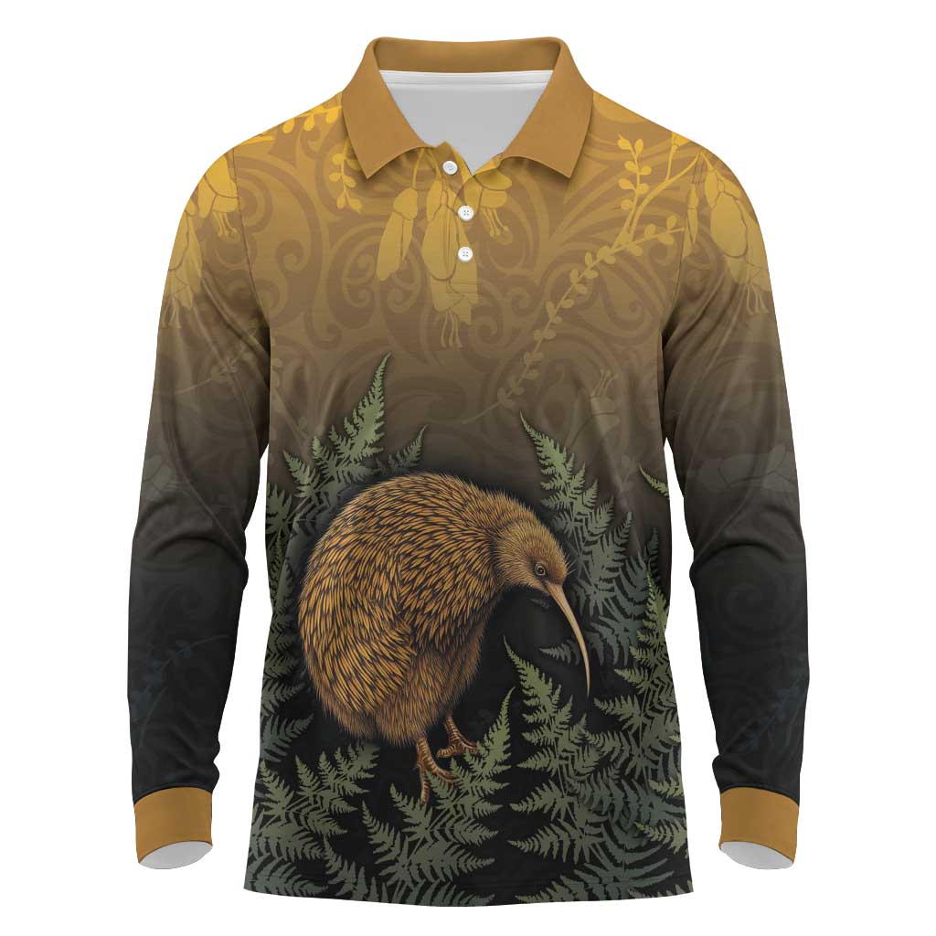 New Zealand Kiwi Bird Long Sleeve Polo Shirt Silver Fern Mix Maori Pattern LT05 Brown - Polynesian Pride