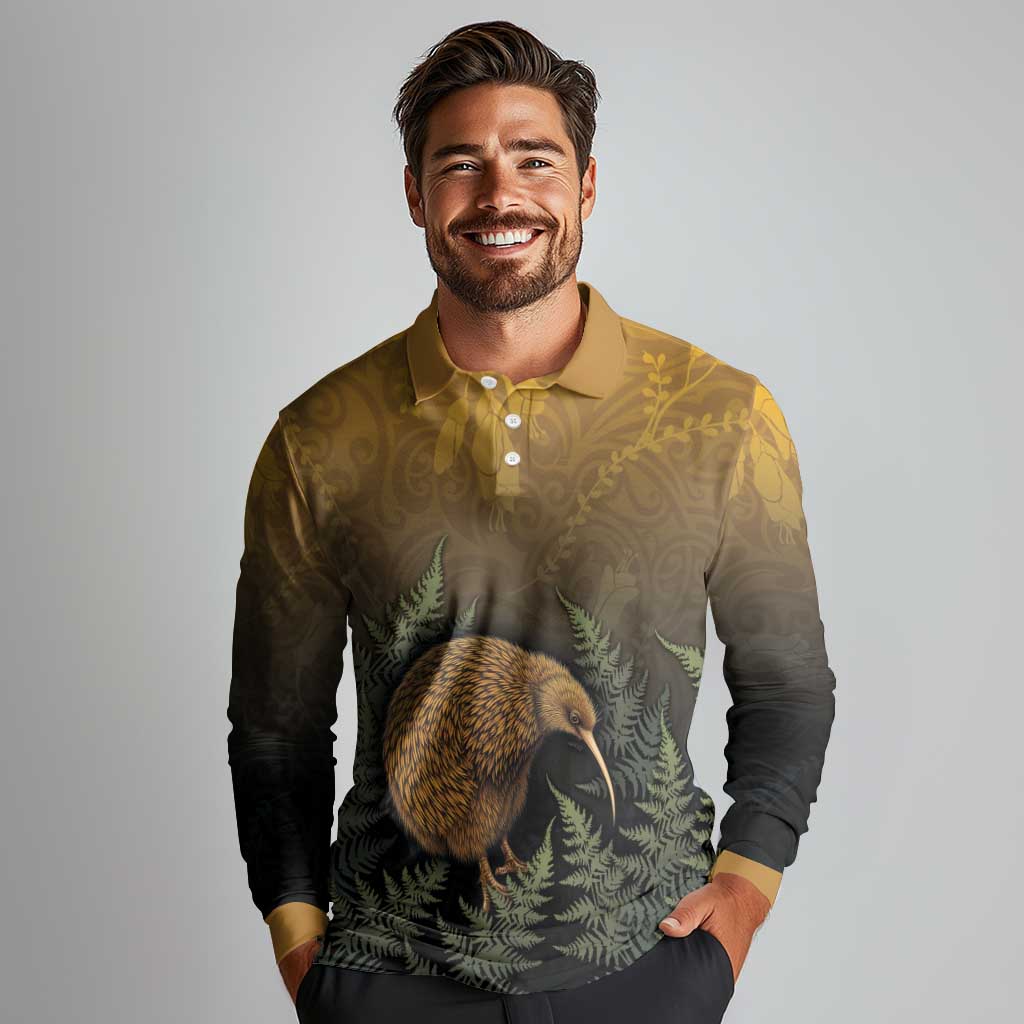 New Zealand Kiwi Bird Long Sleeve Polo Shirt Silver Fern Mix Maori Pattern LT05 - Polynesian Pride