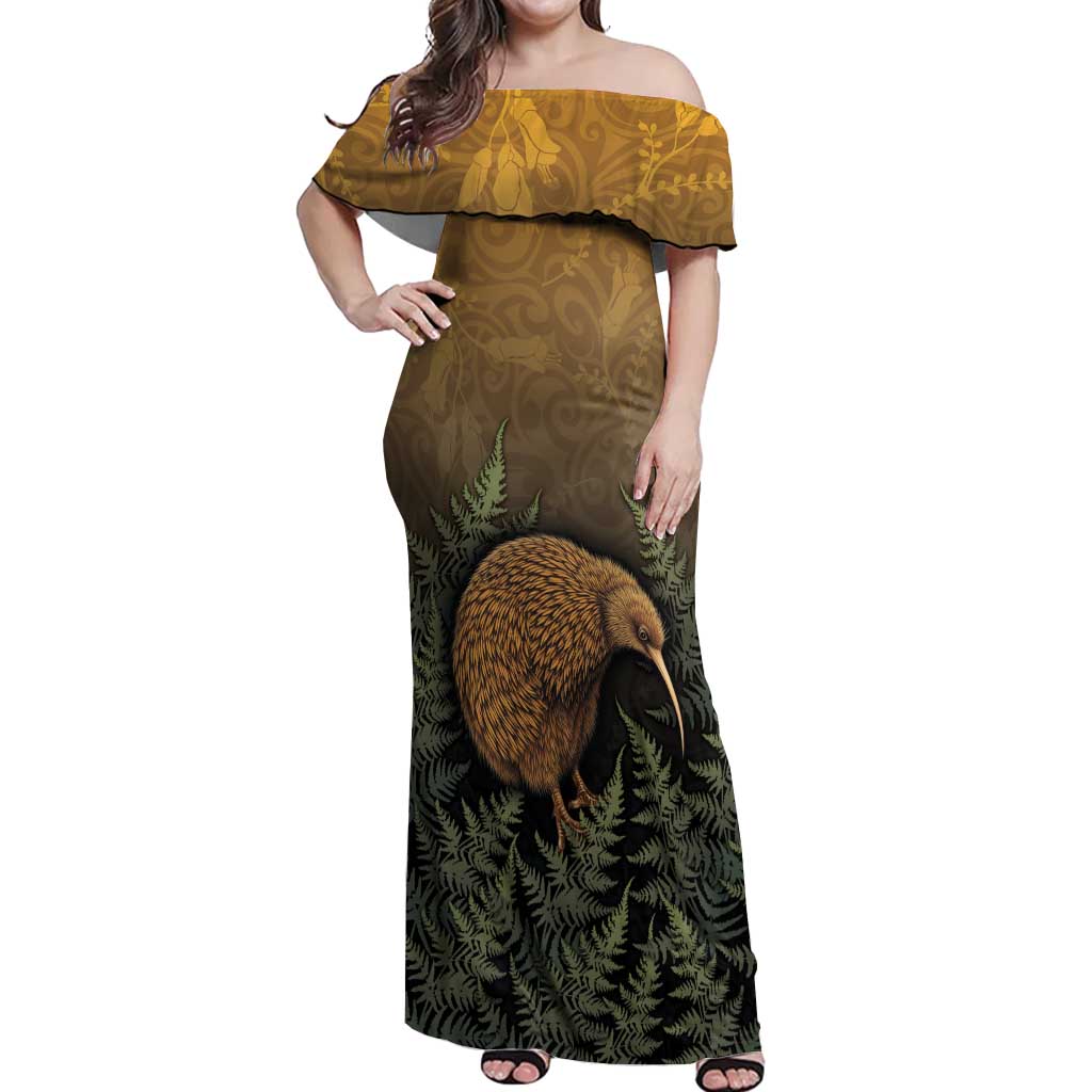 New Zealand Kiwi Bird Off Shoulder Maxi Dress Silver Fern Mix Maori Pattern