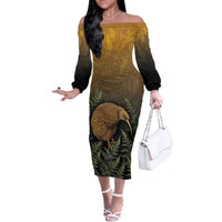 New Zealand Kiwi Bird Off The Shoulder Long Sleeve Dress Silver Fern Mix Maori Pattern LT05 Women Brown - Polynesian Pride
