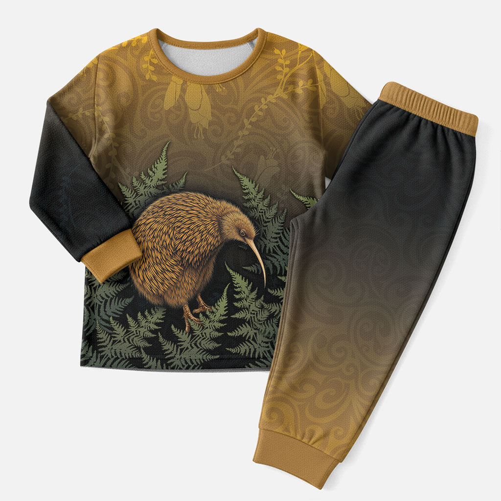 New Zealand Kiwi Bird Christmas Pajama Set Silver Fern Mix Maori Pattern LT05 Men Brown - Polynesian Pride