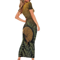 New Zealand Kiwi Bird Short Sleeve Bodycon Dress Silver Fern Mix Maori Pattern LT05 - Polynesian Pride