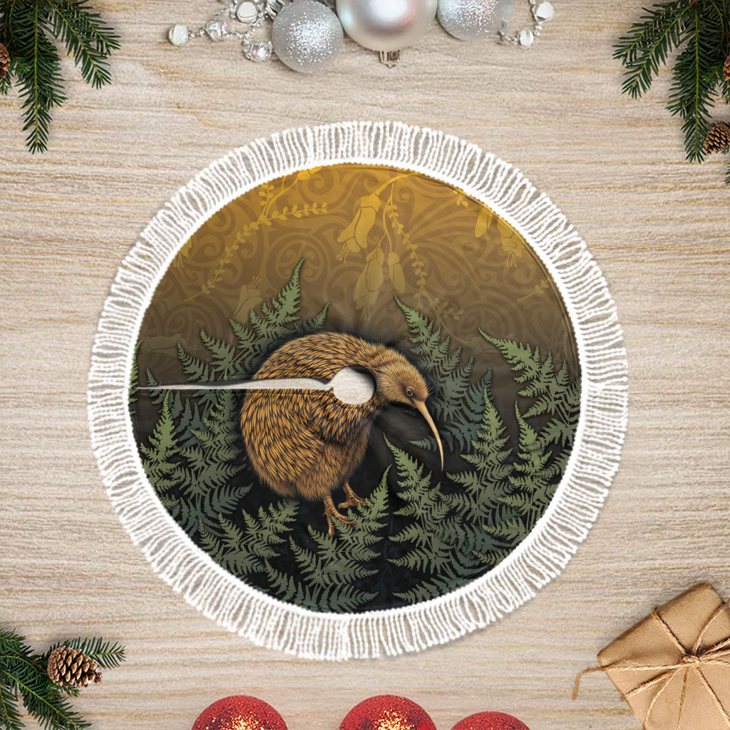 New Zealand Kiwi Bird Tree Skirt Silver Fern Mix Maori Pattern LT05 Fringed Brown - Polynesian Pride