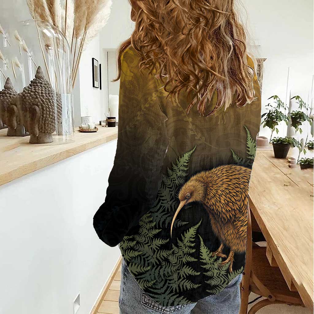 New Zealand Kiwi Bird Women Casual Shirt Silver Fern Mix Maori Pattern LT05 - Polynesian Pride