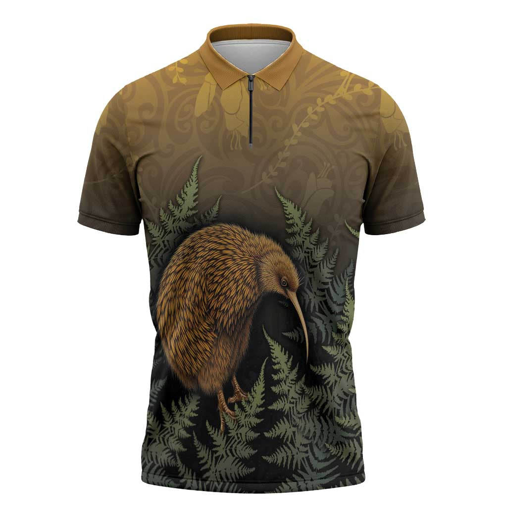 New Zealand Kiwi Bird Zipper Polo Shirt Silver Fern Mix Maori Pattern LT05 Brown - Polynesian Pride