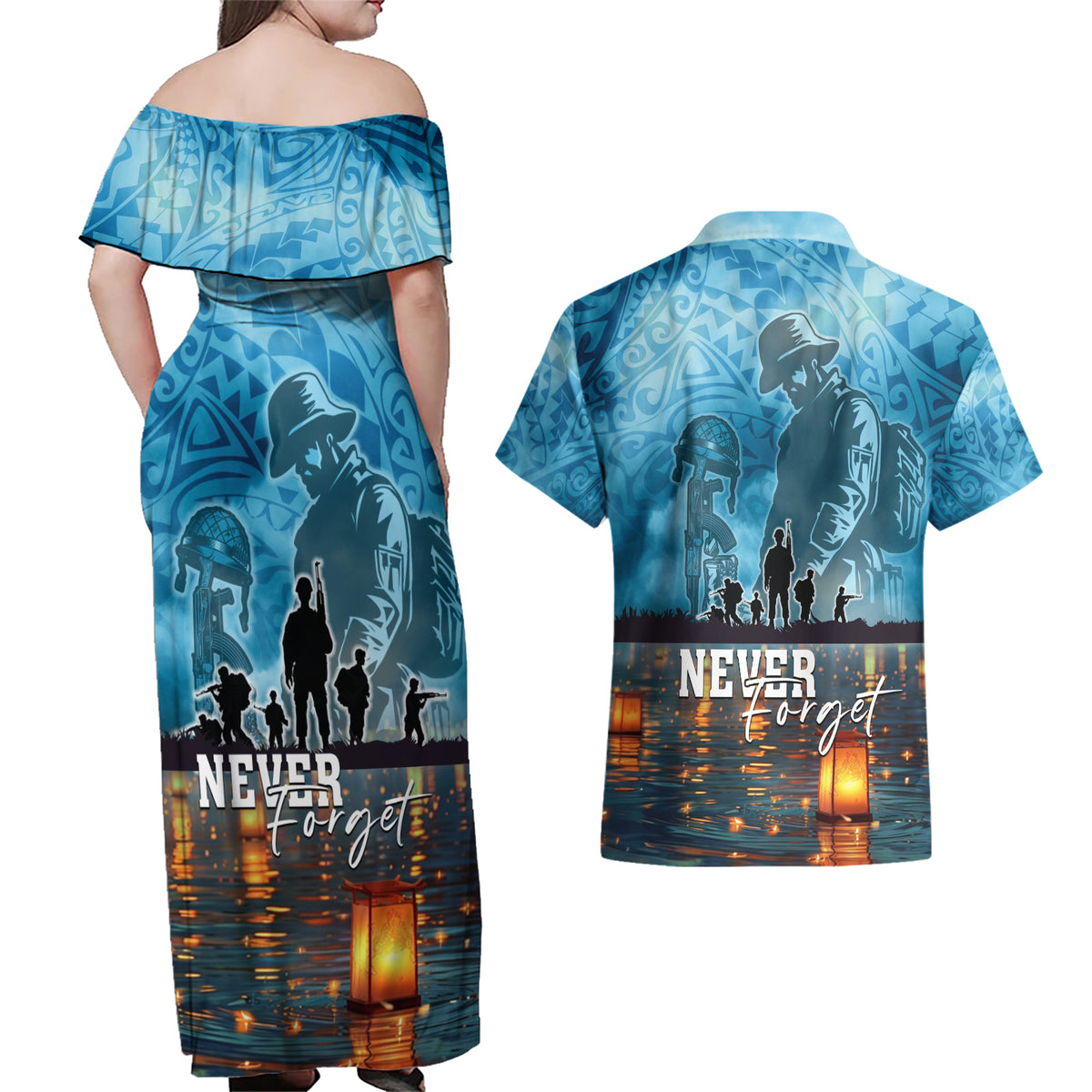 Hawaii Memorial Day Lantern Floating Couples Matching Off Shoulder Maxi Dress and Hawaiian Shirt Always In Our Hearts LT05 - Polynesian Pride
