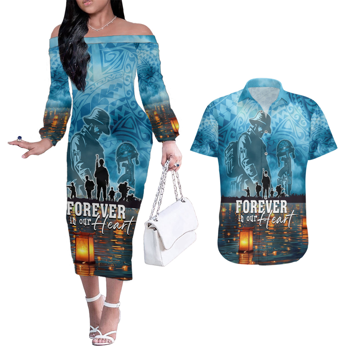 Hawaii Memorial Day Lantern Floating Couples Matching Off The Shoulder Long Sleeve Dress and Hawaiian Shirt Always In Our Hearts LT05 Blue - Polynesian Pride