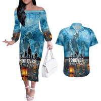 Hawaii Memorial Day Lantern Floating Couples Matching Off The Shoulder Long Sleeve Dress and Hawaiian Shirt Always In Our Hearts LT05 Blue - Polynesian Pride