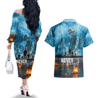 Hawaii Memorial Day Lantern Floating Couples Matching Off The Shoulder Long Sleeve Dress and Hawaiian Shirt Always In Our Hearts LT05 - Polynesian Pride