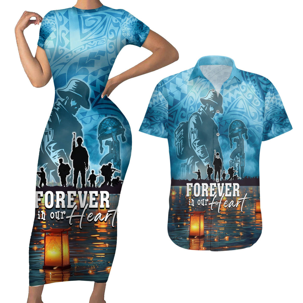 Hawaii Memorial Day Lantern Floating Couples Matching Short Sleeve Bodycon Dress and Hawaiian Shirt Always In Our Hearts LT05 Blue - Polynesian Pride
