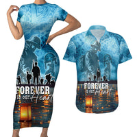 Hawaii Memorial Day Lantern Floating Couples Matching Short Sleeve Bodycon Dress and Hawaiian Shirt Always In Our Hearts LT05 Blue - Polynesian Pride