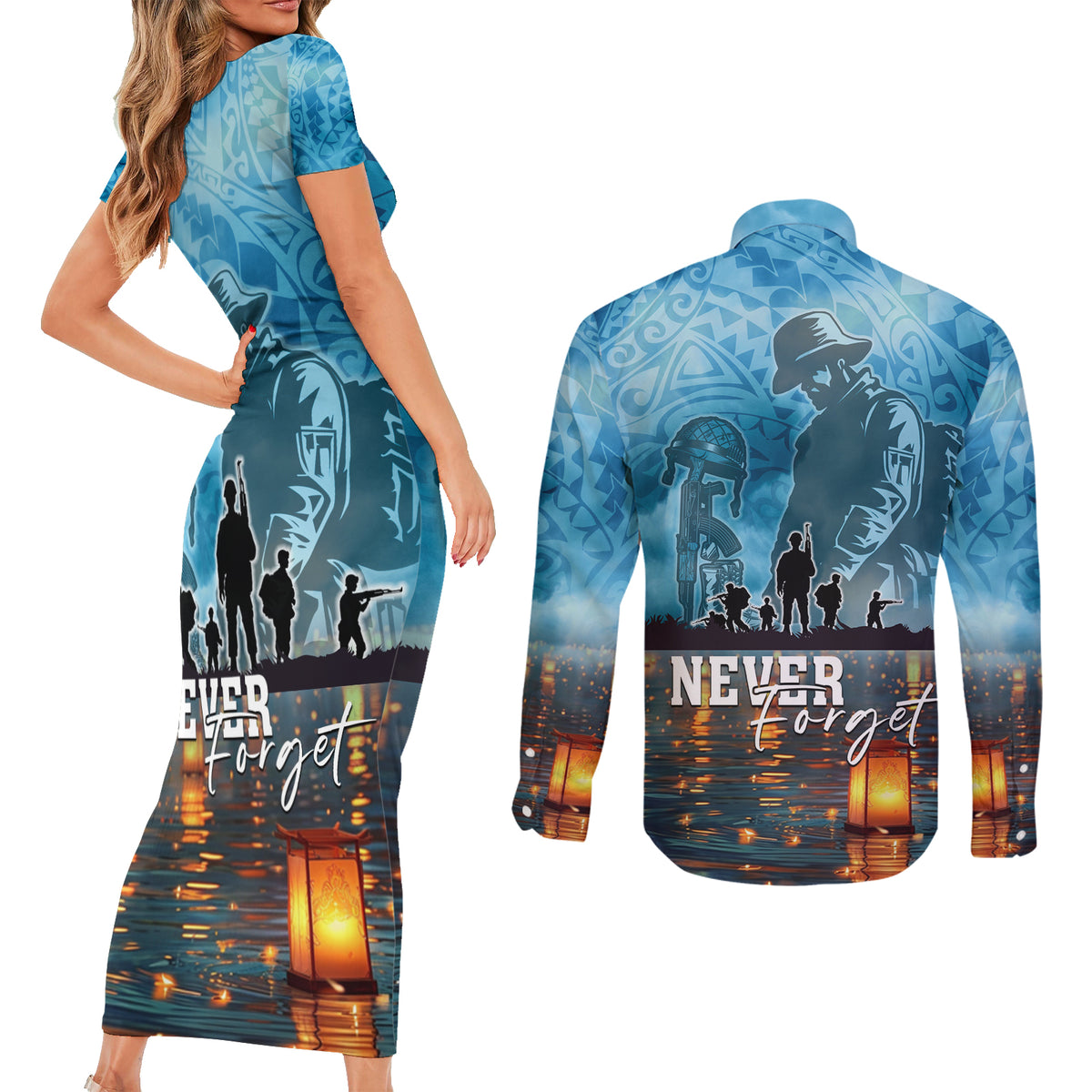 Hawaii Memorial Day Lantern Floating Couples Matching Short Sleeve Bodycon Dress and Long Sleeve Button Shirt Always In Our Hearts LT05 - Polynesian Pride