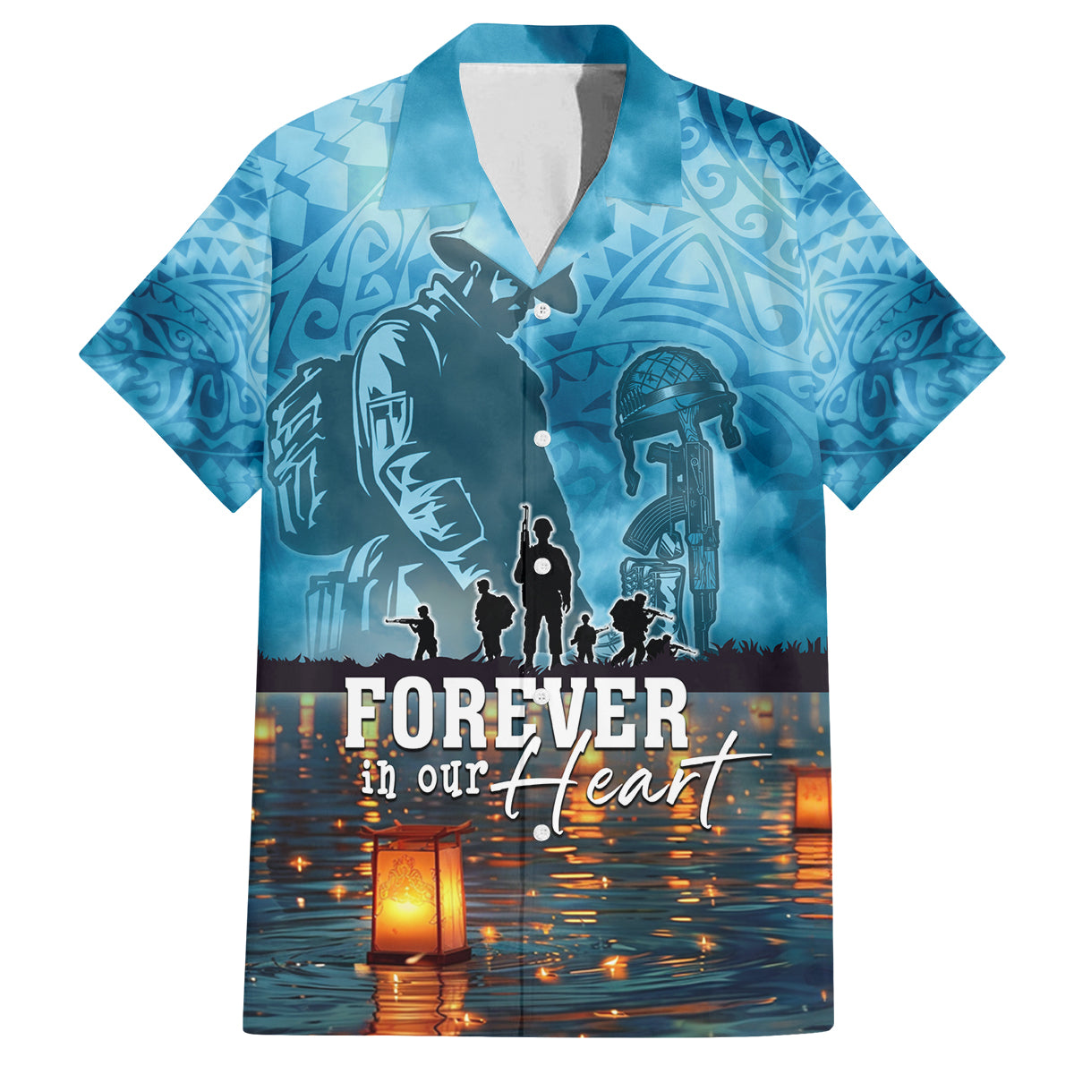 Hawaii Memorial Day Lantern Floating Family Matching Long Sleeve Bodycon Dress and Hawaiian Shirt Always In Our Hearts LT05 Dad's Shirt - Short Sleeve Blue - Polynesian Pride
