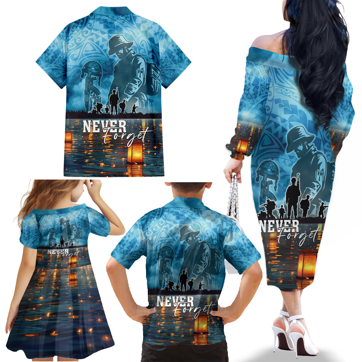 Hawaii Memorial Day Lantern Floating Family Matching Off The Shoulder Long Sleeve Dress and Hawaiian Shirt Always In Our Hearts LT05 - Polynesian Pride
