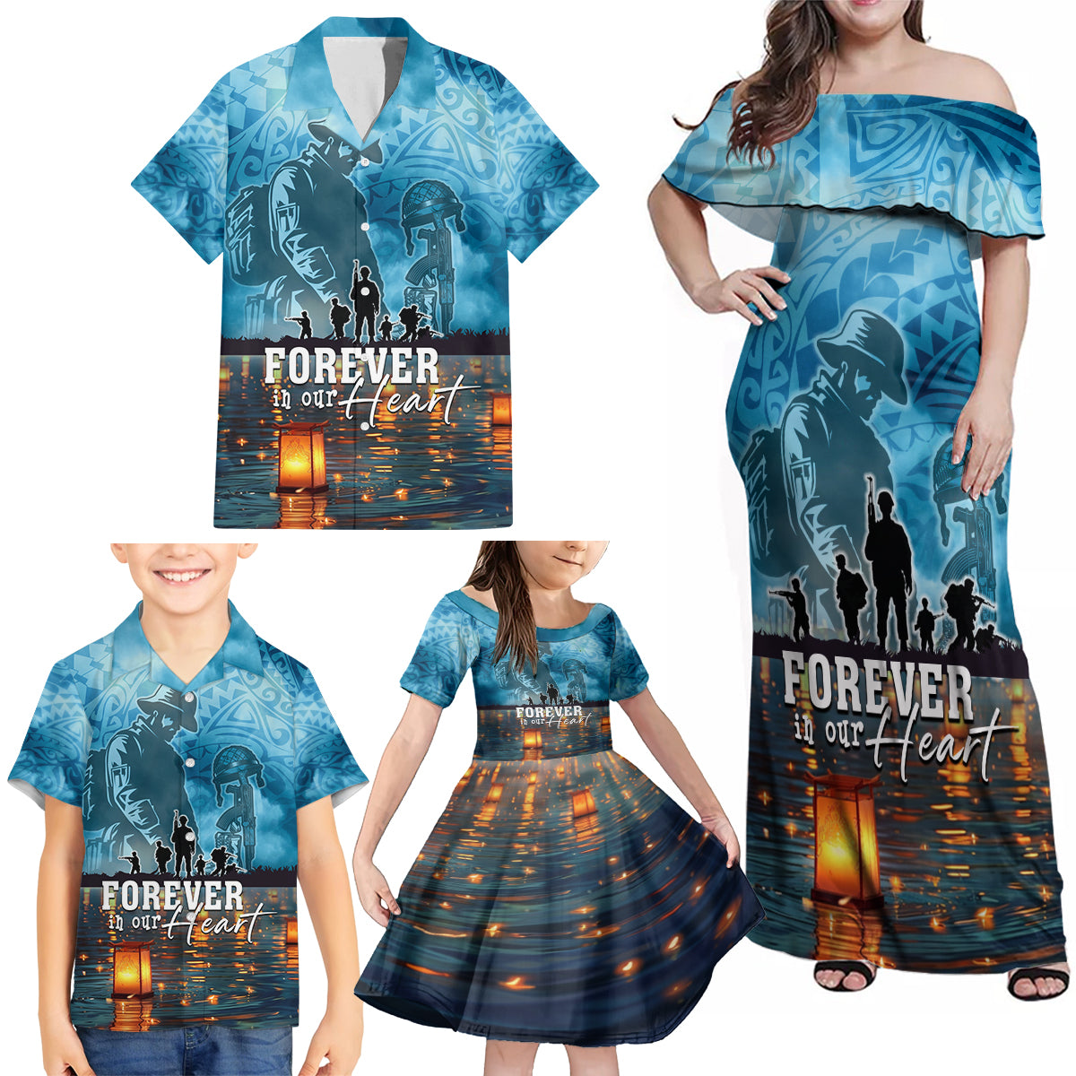 Hawaii Memorial Day Lantern Floating Family Matching Off Shoulder Maxi Dress and Hawaiian Shirt Always In Our Hearts LT05 - Polynesian Pride