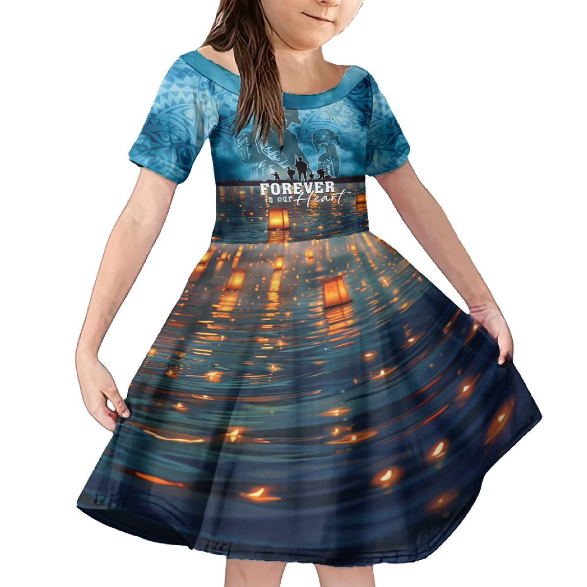 Hawaii Memorial Day Lantern Floating Family Matching Off Shoulder Short Dress and Hawaiian Shirt Always In Our Hearts LT05 Daughter's Dress Blue - Polynesian Pride