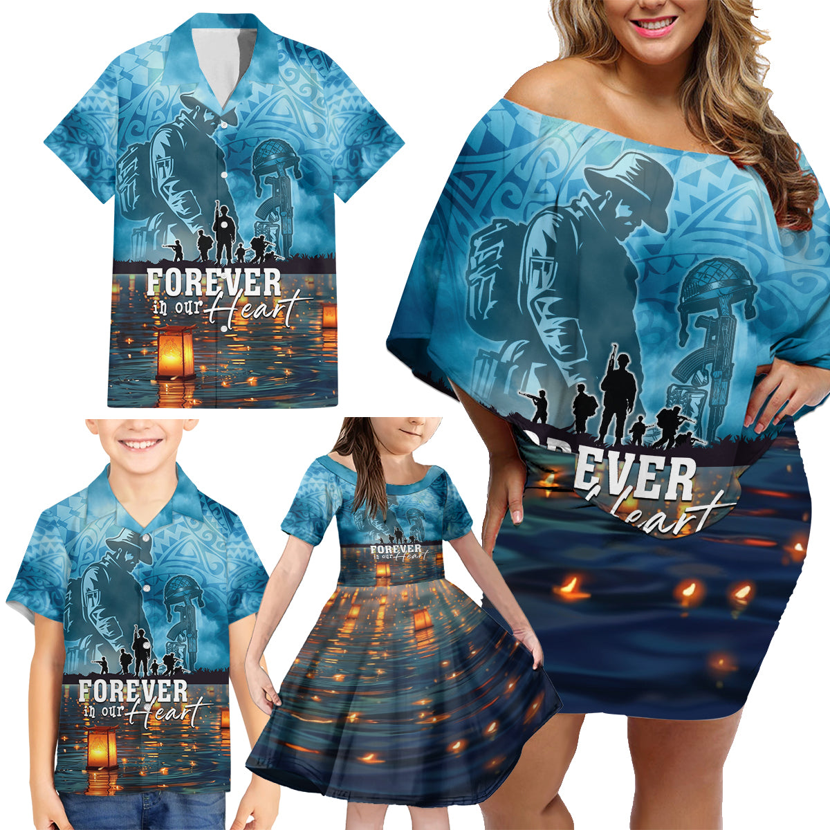 Hawaii Memorial Day Lantern Floating Family Matching Off Shoulder Short Dress and Hawaiian Shirt Always In Our Hearts LT05 - Polynesian Pride