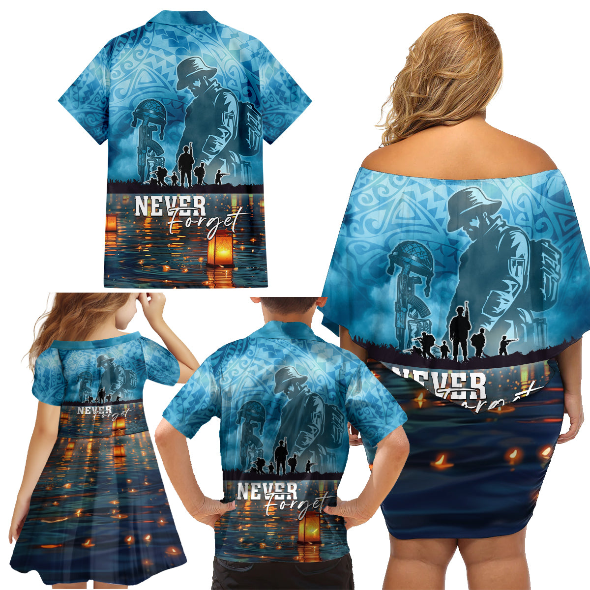 Hawaii Memorial Day Lantern Floating Family Matching Off Shoulder Short Dress and Hawaiian Shirt Always In Our Hearts LT05 - Polynesian Pride
