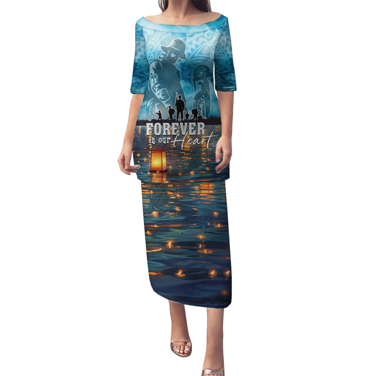 Hawaii Memorial Day Lantern Floating Family Matching Puletasi and Hawaiian Shirt Always In Our Hearts LT05 Mom's Dress Blue - Polynesian Pride