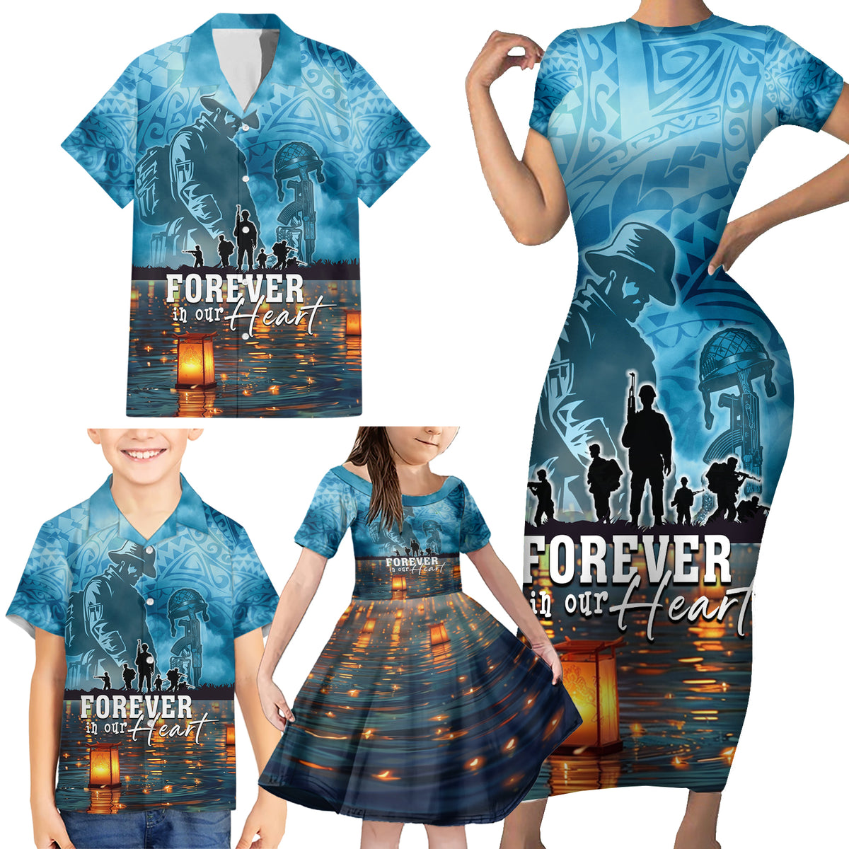 Hawaii Memorial Day Lantern Floating Family Matching Short Sleeve Bodycon Dress and Hawaiian Shirt Always In Our Hearts LT05 - Polynesian Pride