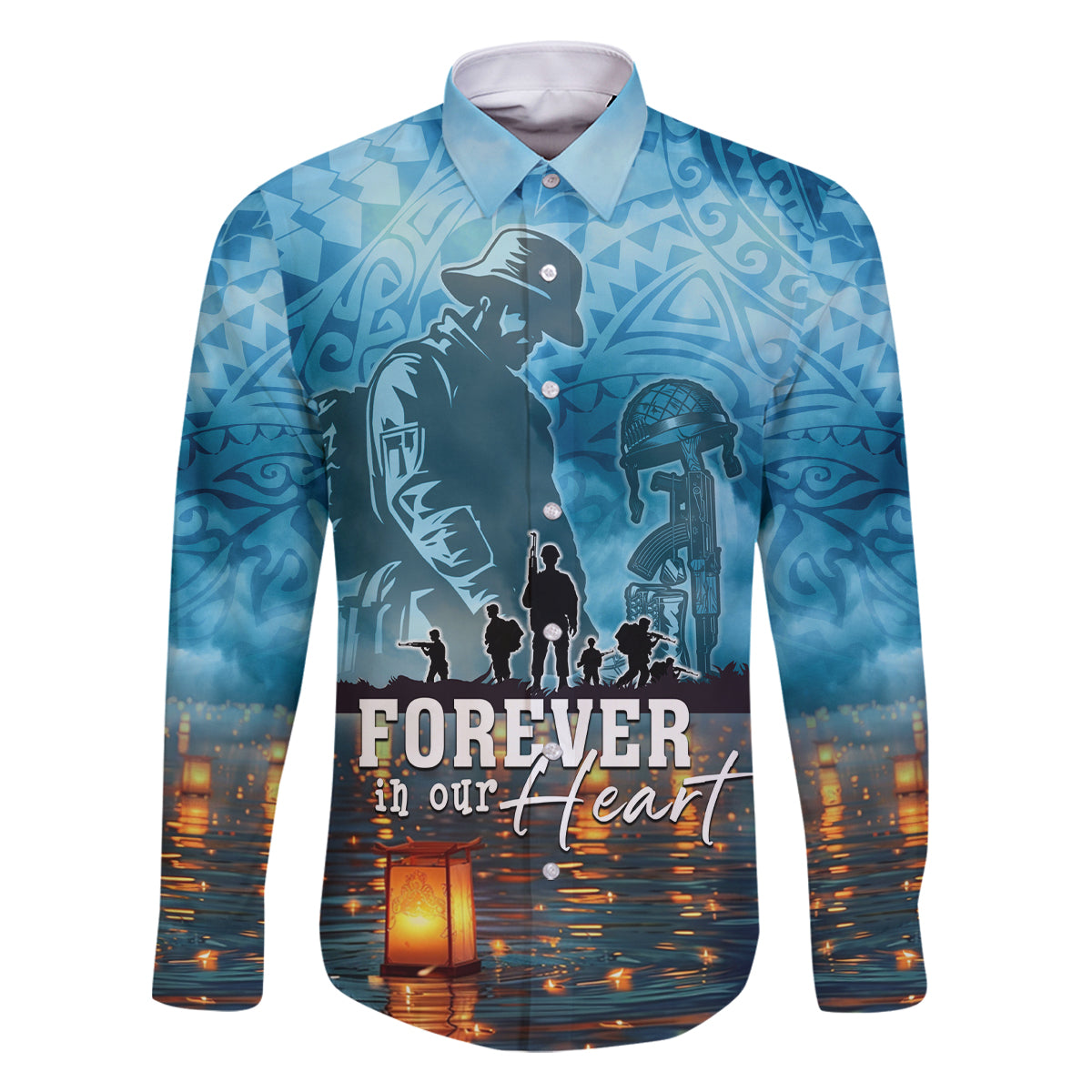 Hawaii Memorial Day Lantern Floating Family Matching Summer Maxi Dress and Hawaiian Shirt Always In Our Hearts LT05 Dad's Shirt - Long Sleeve Blue - Polynesian Pride