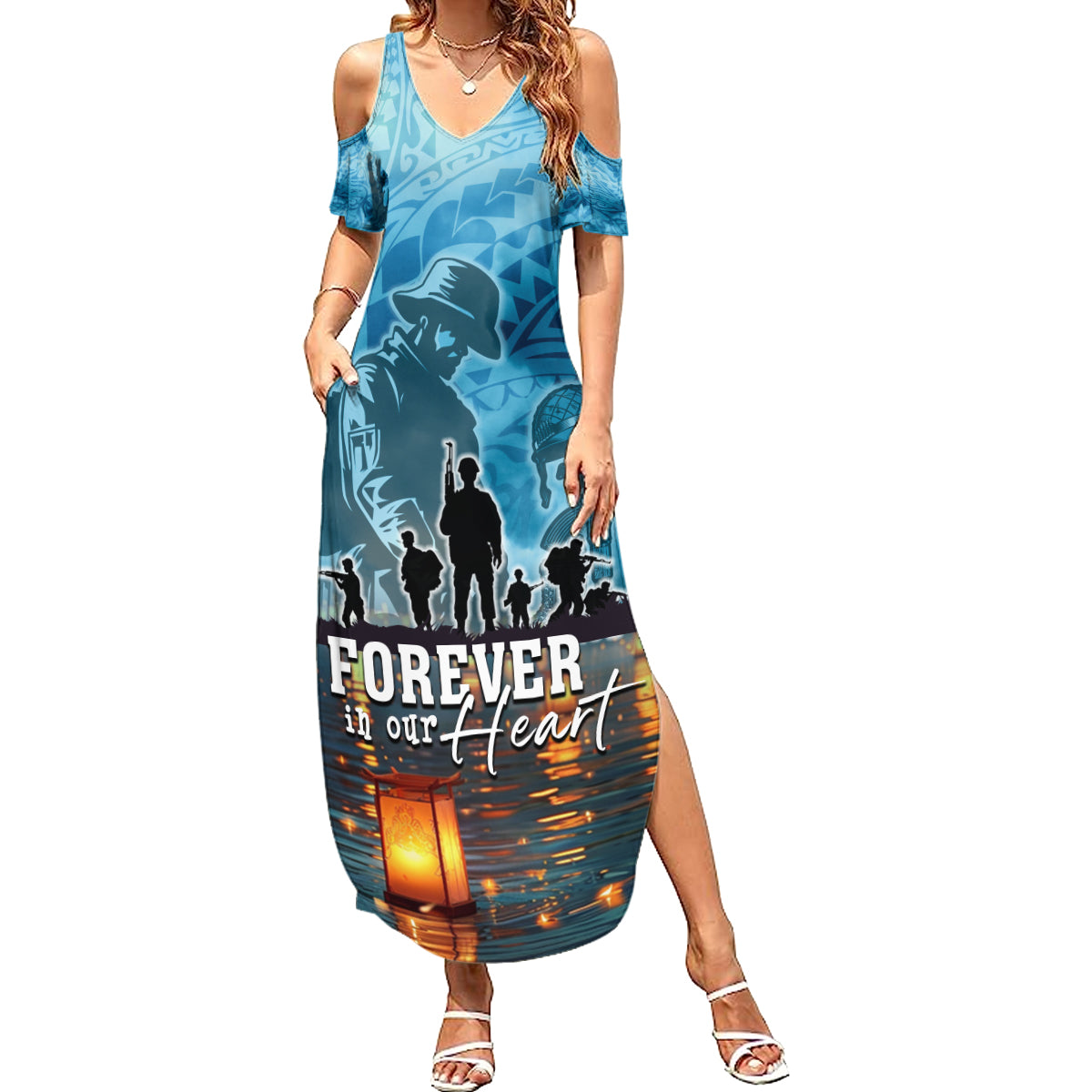Hawaii Memorial Day Lantern Floating Family Matching Summer Maxi Dress and Hawaiian Shirt Always In Our Hearts LT05 Mom's Dress Blue - Polynesian Pride