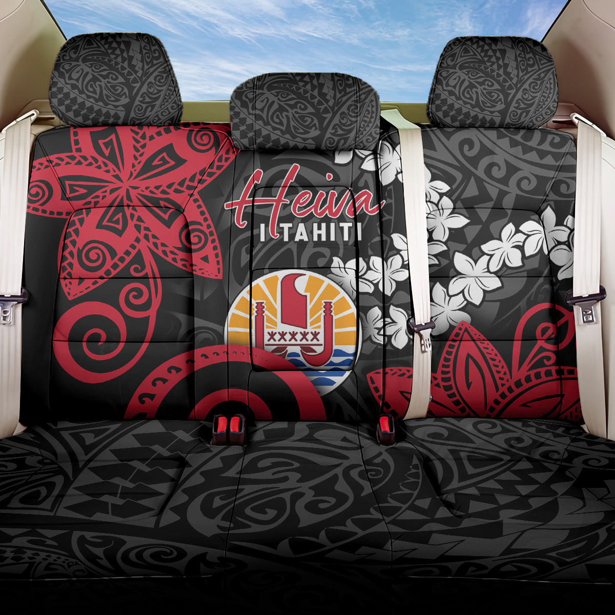 Tahiti Heiva Festival Back Car Seat Cover Floral Pattern With Coat Of Arms LT05 One Size Black - Polynesian Pride