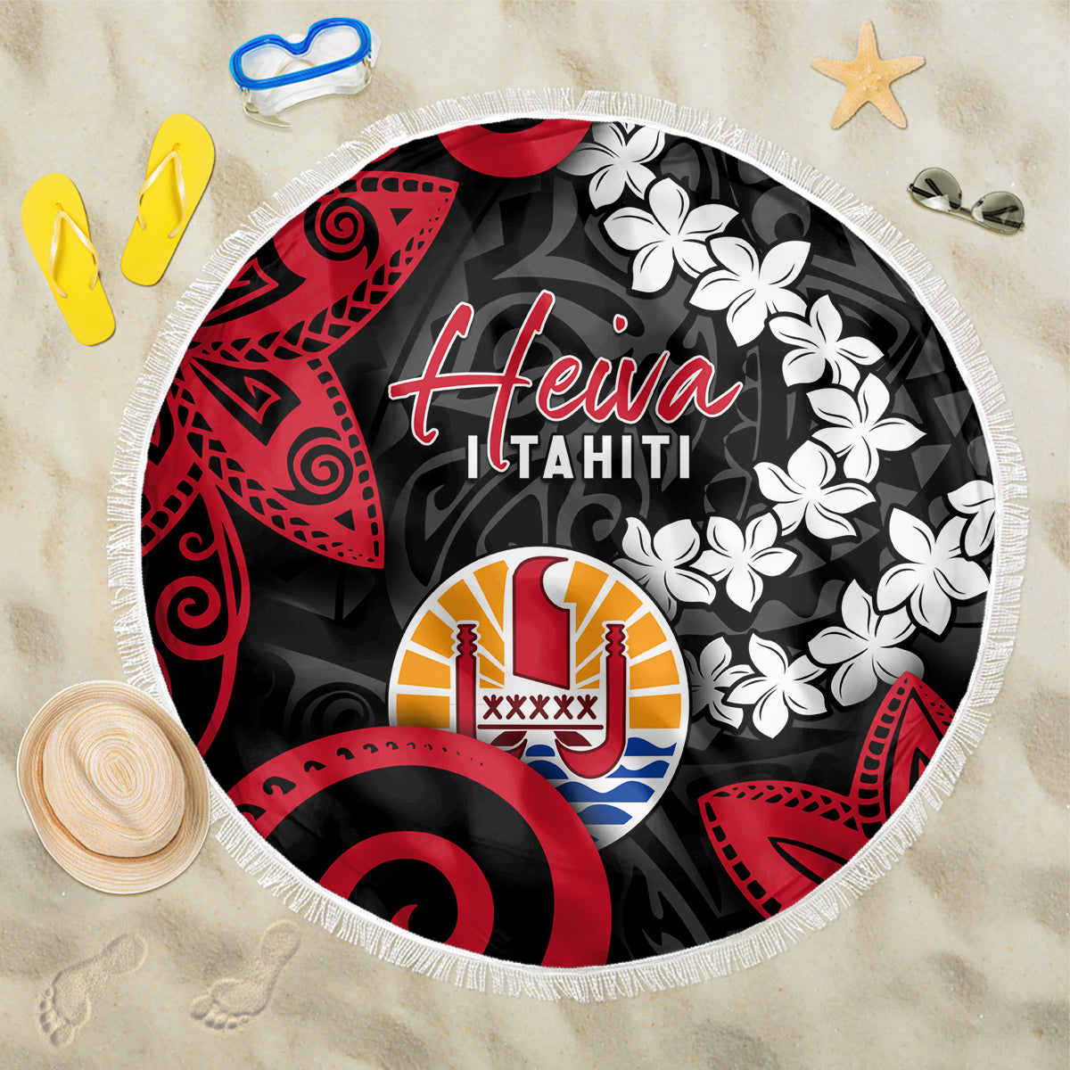 Tahiti Heiva Festival Beach Blanket Floral Pattern With Coat Of Arms LT05 One Size 150cm Black - Polynesian Pride