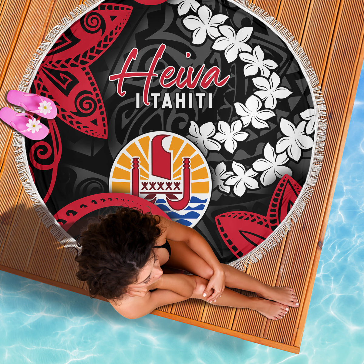 Tahiti Heiva Festival Beach Blanket Floral Pattern With Coat Of Arms LT05 - Polynesian Pride