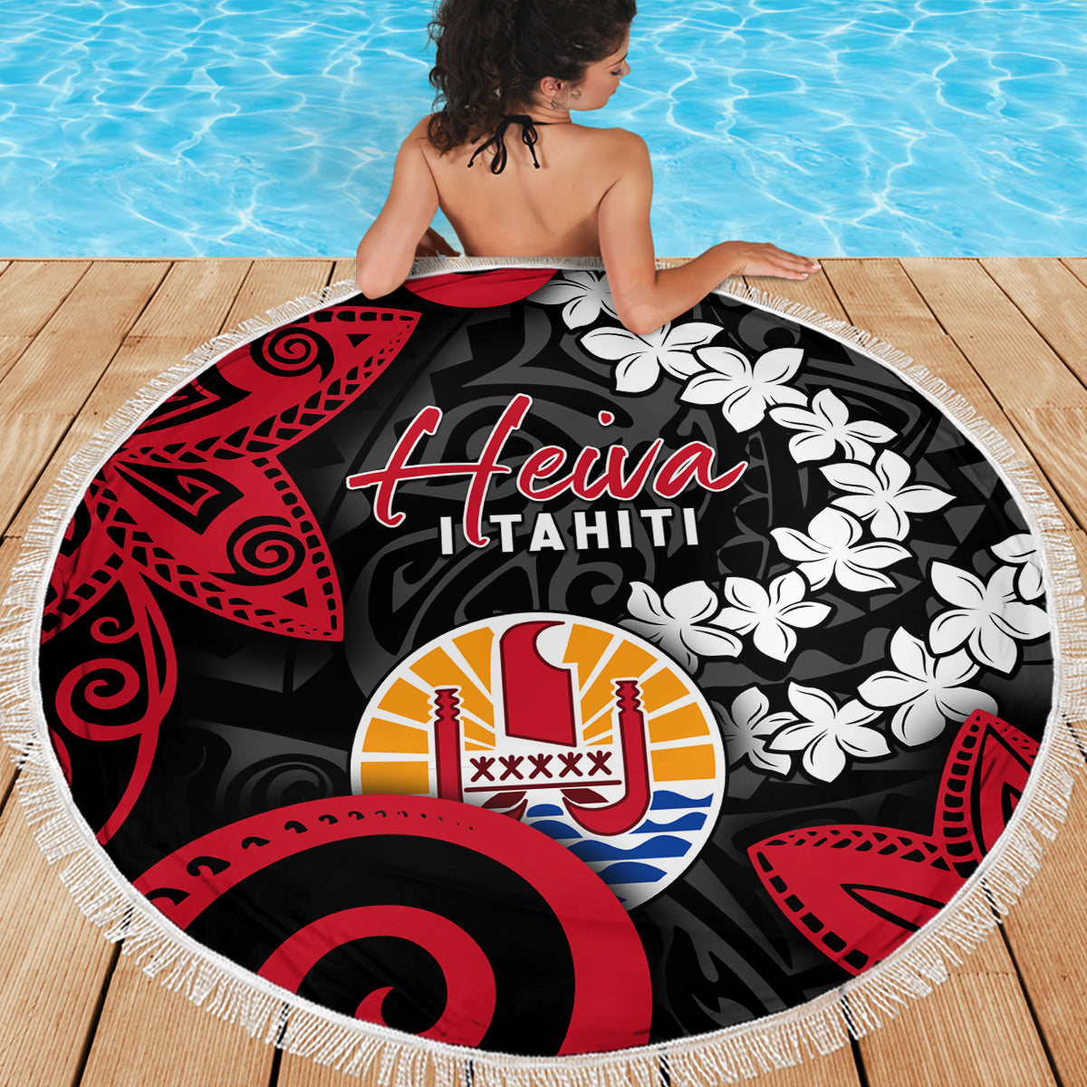 Tahiti Heiva Festival Beach Blanket Floral Pattern With Coat Of Arms LT05 - Polynesian Pride