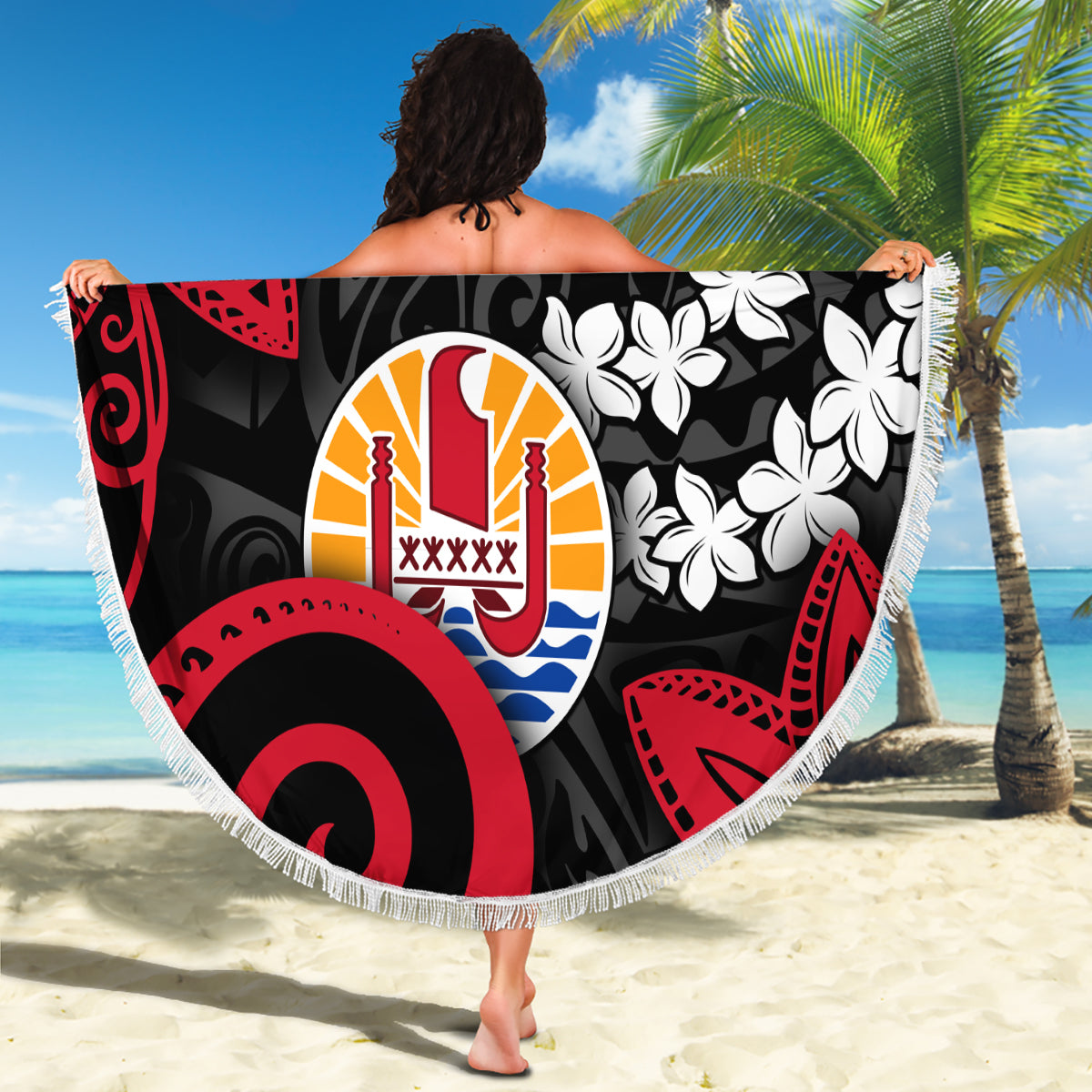Tahiti Heiva Festival Beach Blanket Floral Pattern With Coat Of Arms LT05 - Polynesian Pride