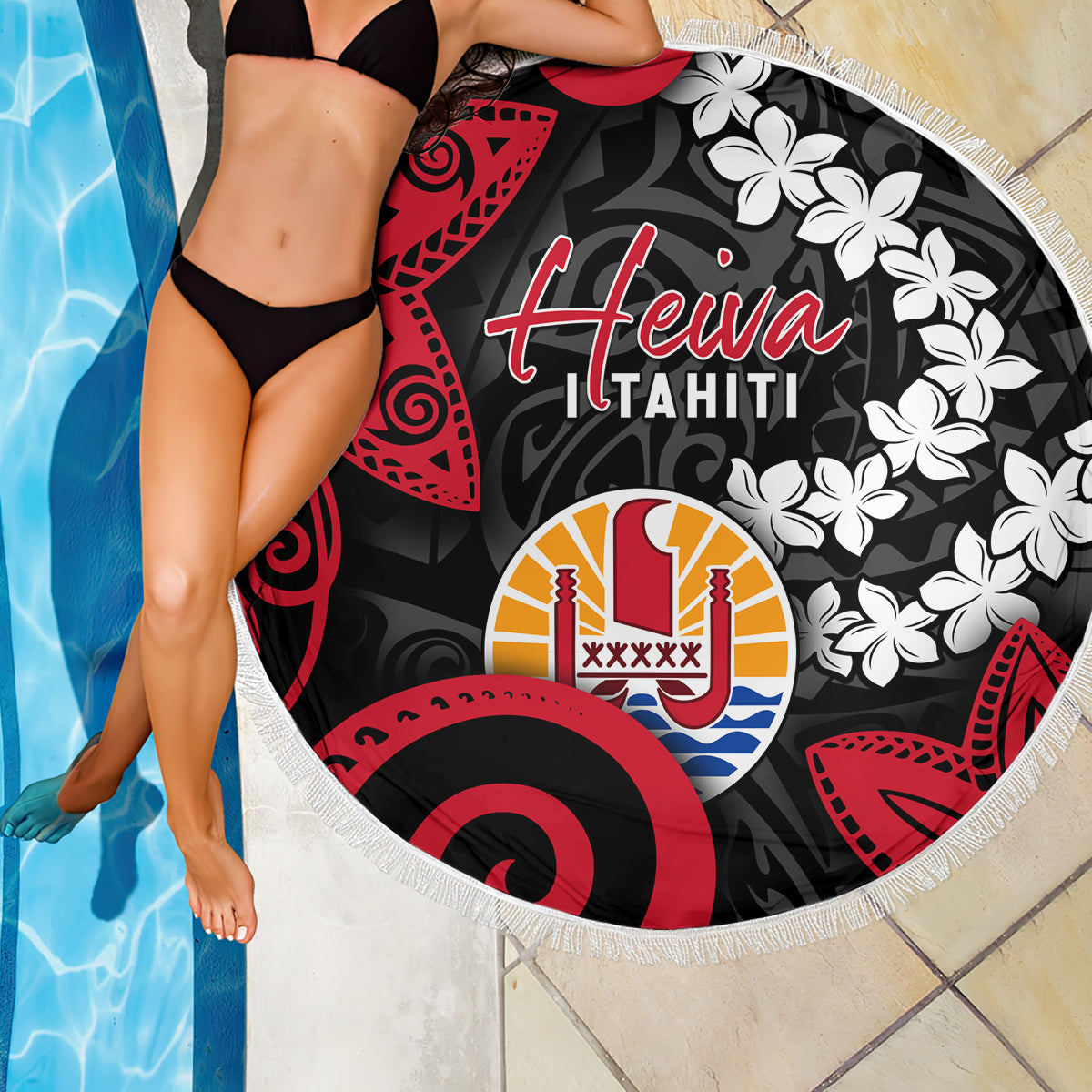 Tahiti Heiva Festival Beach Blanket Floral Pattern With Coat Of Arms LT05 - Polynesian Pride