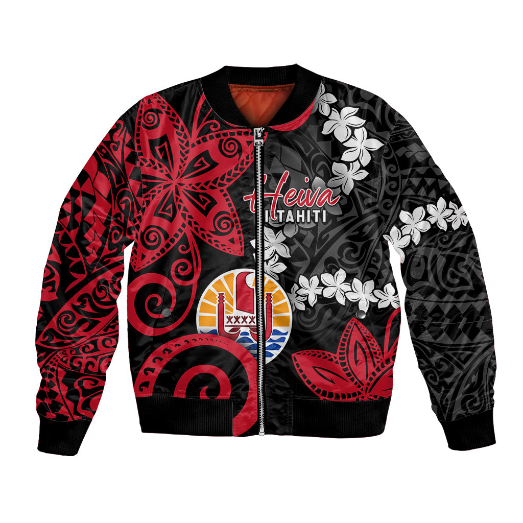 Tahiti Heiva Festival Bomber Jacket Floral Pattern With Coat Of Arms LT05 Unisex Black - Polynesian Pride