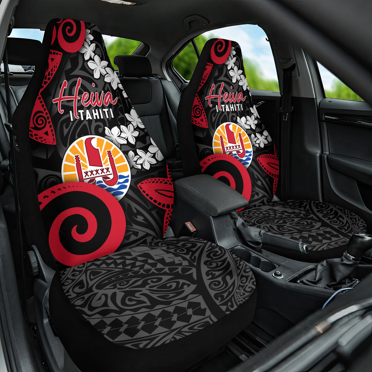 Tahiti Heiva Festival Car Seat Cover Floral Pattern With Coat Of Arms LT05 One Size Black - Polynesian Pride