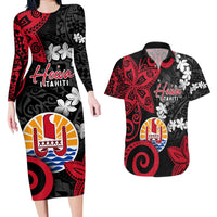 Tahiti Heiva Festival Couples Matching Long Sleeve Bodycon Dress and Hawaiian Shirt Floral Pattern With Coat Of Arms LT05 Black - Polynesian Pride