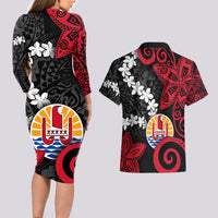 Tahiti Heiva Festival Couples Matching Long Sleeve Bodycon Dress and Hawaiian Shirt Floral Pattern With Coat Of Arms LT05 - Polynesian Pride