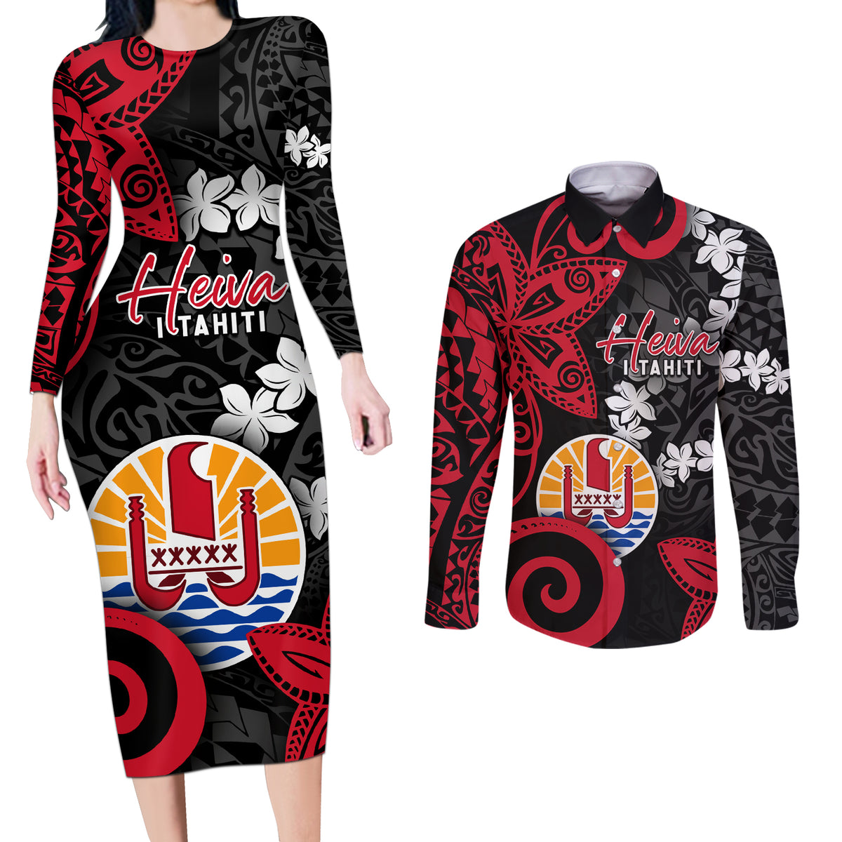 Tahiti Heiva Festival Couples Matching Long Sleeve Bodycon Dress and Long Sleeve Button Shirt Floral Pattern With Coat Of Arms LT05 Black - Polynesian Pride