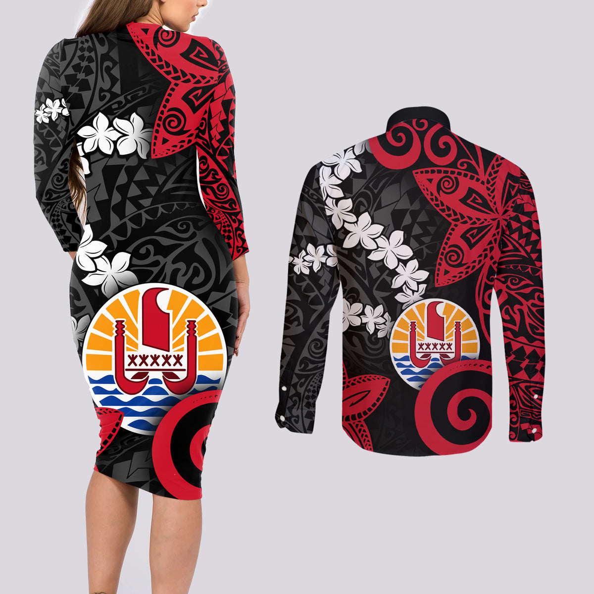 Tahiti Heiva Festival Couples Matching Long Sleeve Bodycon Dress and Long Sleeve Button Shirt Floral Pattern With Coat Of Arms LT05 - Polynesian Pride