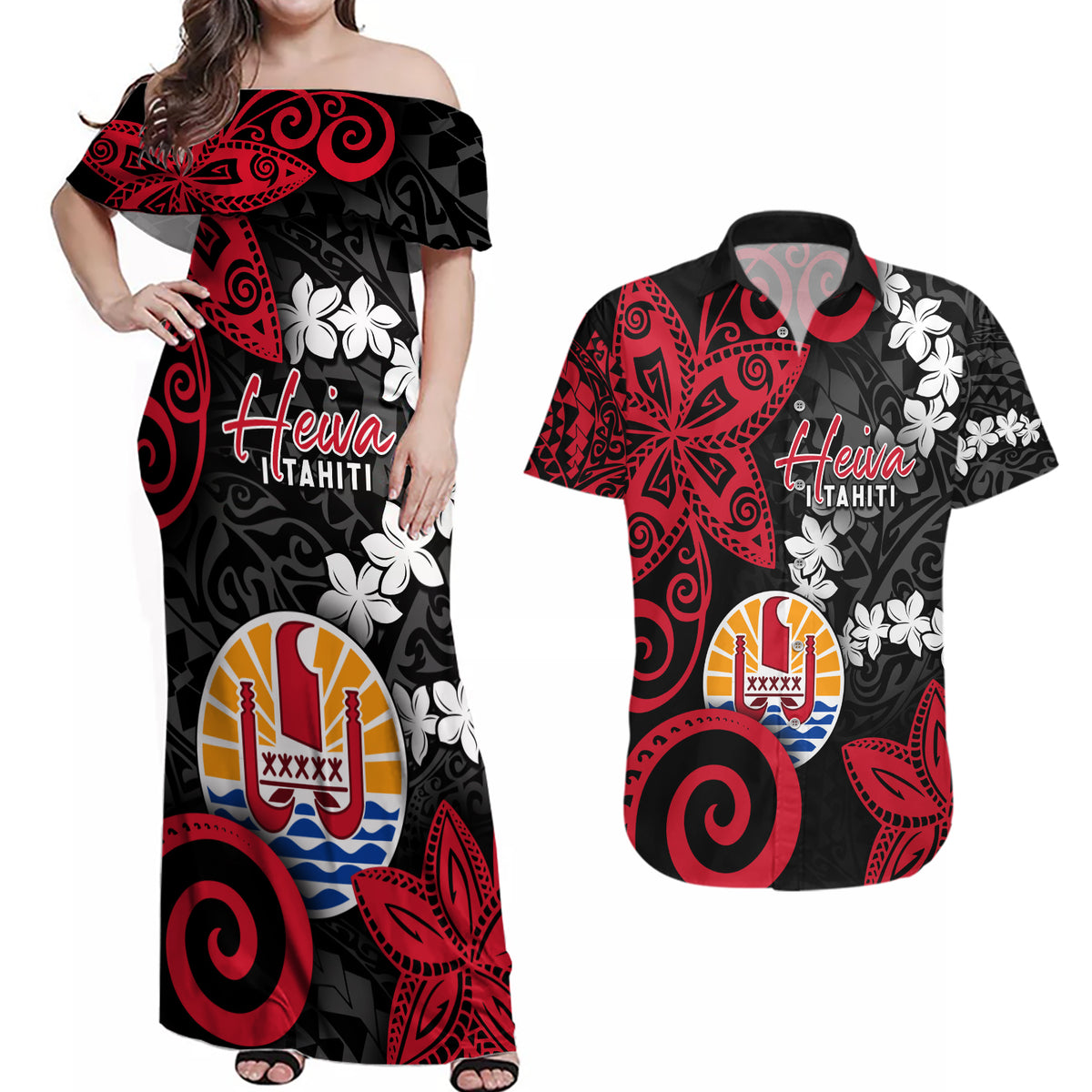 Tahiti Heiva Festival Couples Matching Off Shoulder Maxi Dress and Hawaiian Shirt Floral Pattern With Coat Of Arms LT05 Black - Polynesian Pride