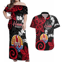 Tahiti Heiva Festival Couples Matching Off Shoulder Maxi Dress and Hawaiian Shirt Floral Pattern With Coat Of Arms LT05 Black - Polynesian Pride