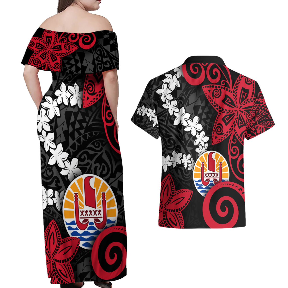 Tahiti Heiva Festival Couples Matching Off Shoulder Maxi Dress and Hawaiian Shirt Floral Pattern With Coat Of Arms LT05 - Polynesian Pride