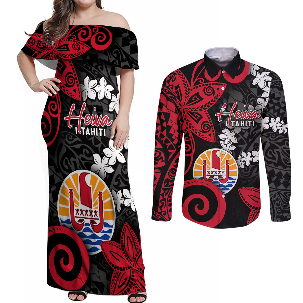 Tahiti Heiva Festival Couples Matching Off Shoulder Maxi Dress and Long Sleeve Button Shirt Floral Pattern With Coat Of Arms LT05 Black - Polynesian Pride