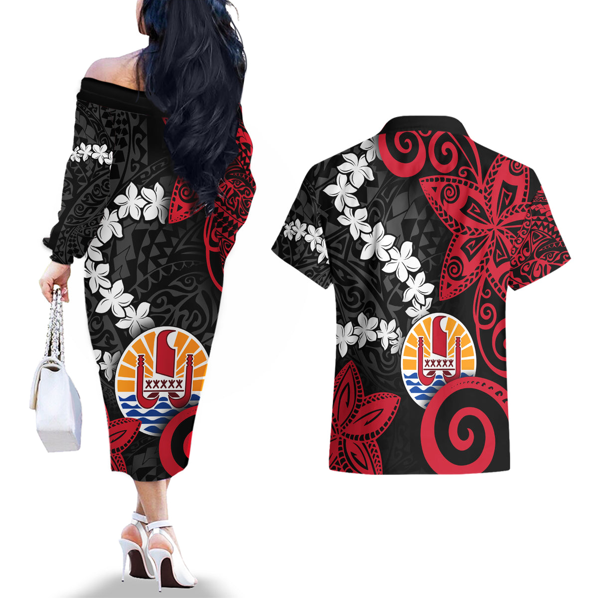 Tahiti Heiva Festival Couples Matching Off The Shoulder Long Sleeve Dress and Hawaiian Shirt Floral Pattern With Coat Of Arms LT05 - Polynesian Pride