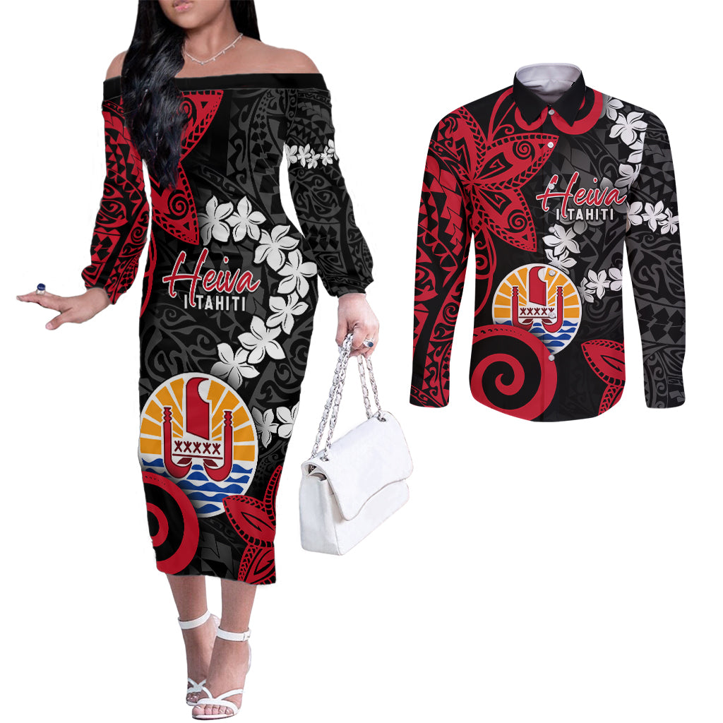 Tahiti Heiva Festival Couples Matching Off The Shoulder Long Sleeve Dress and Long Sleeve Button Shirt Floral Pattern With Coat Of Arms LT05 Black - Polynesian Pride