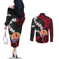 Tahiti Heiva Festival Couples Matching Off The Shoulder Long Sleeve Dress and Long Sleeve Button Shirt Floral Pattern With Coat Of Arms LT05 - Polynesian Pride