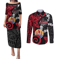 Tahiti Heiva Festival Couples Matching Puletasi and Long Sleeve Button Shirt Floral Pattern With Coat Of Arms LT05 Black - Polynesian Pride