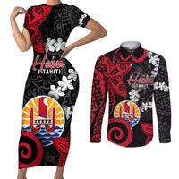 Tahiti Heiva Festival Couples Matching Short Sleeve Bodycon Dress and Long Sleeve Button Shirt Floral Pattern With Coat Of Arms LT05 Black - Polynesian Pride